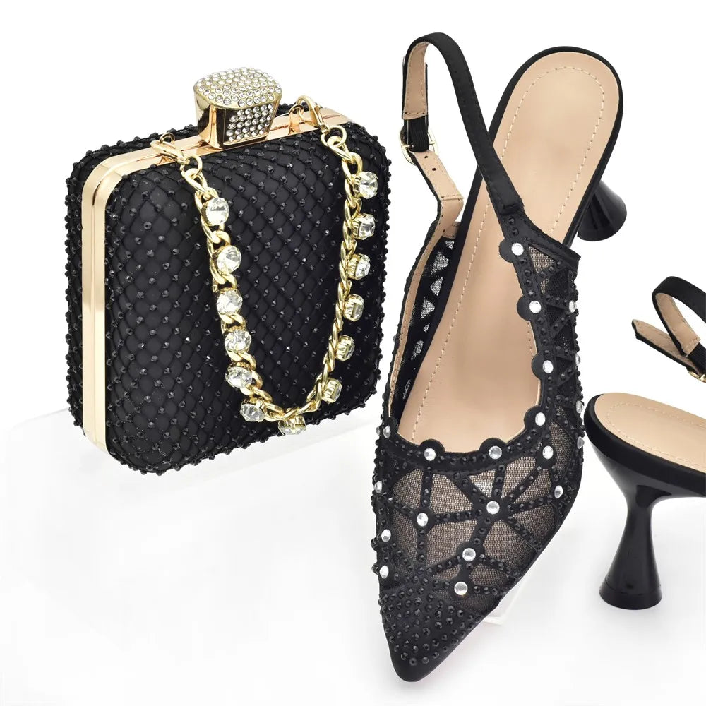 Hollow Design Trendy African Matching Shoes and Bags Italy Rhinestone Women Party Pumps for Women Elegant Wedding Shoes Bride