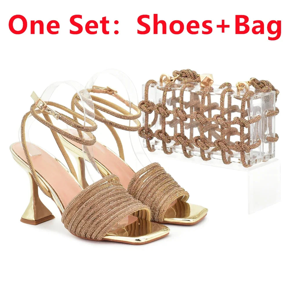 African Shoe and Matching Bag Set Decorated with Rhinestone High Heels for Women