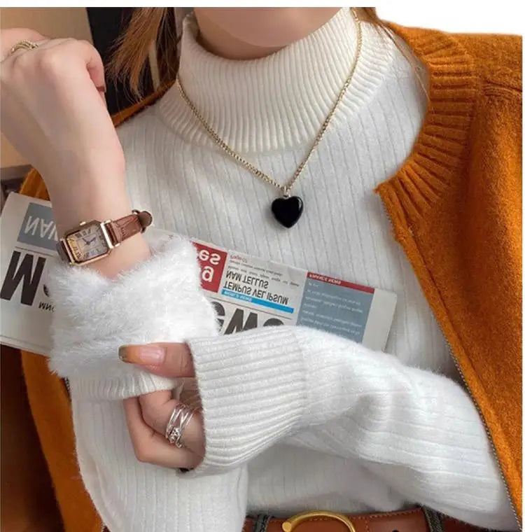 Women's Turtleneck Sweater Winter Retro Red With Velvet Lining Thickened Inner Wear Thermal Knitting Bottoming Shirt