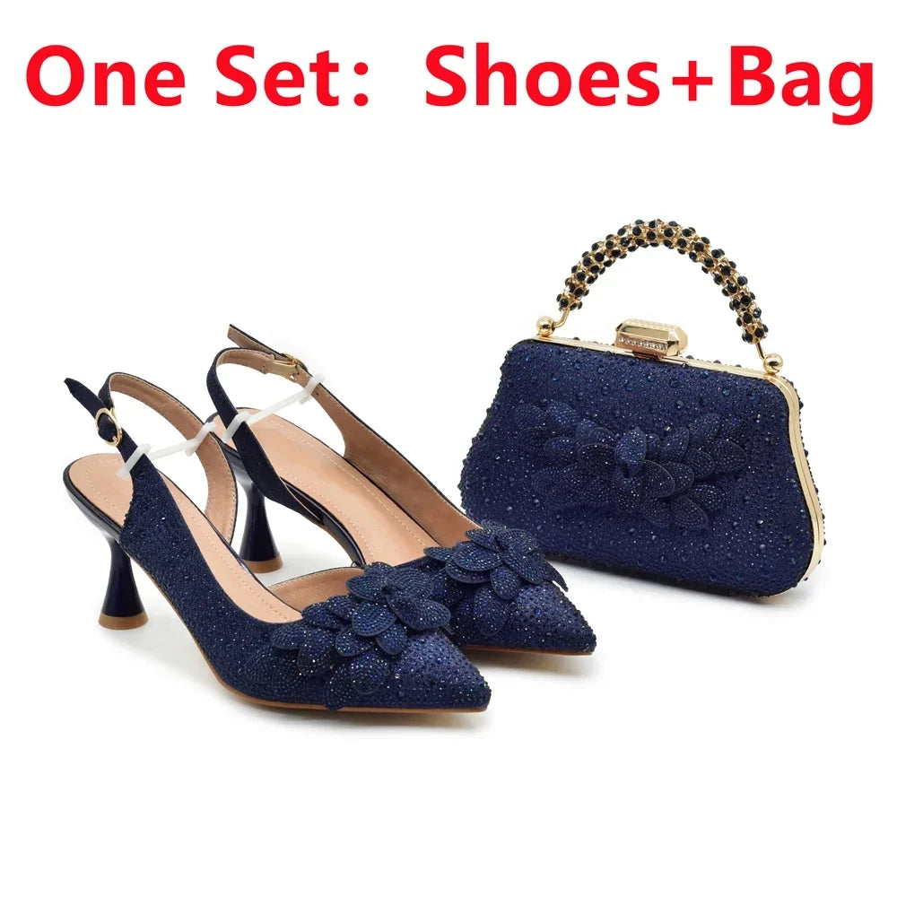 New Pointed Toe Heels with Small Bag Nigeria Fashion Party Women's Shoes and Bags Decorated with Rhinestone Wedding Shoes Bride
