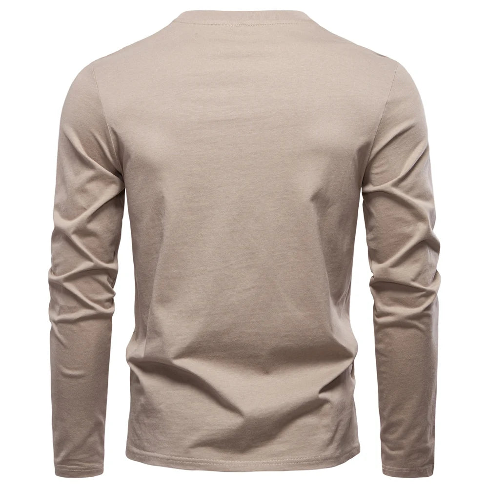 Men's High Quality Long Sleeve T-Shirt Fashion Pure Cotton Henley Collar Long Male T-Shirt