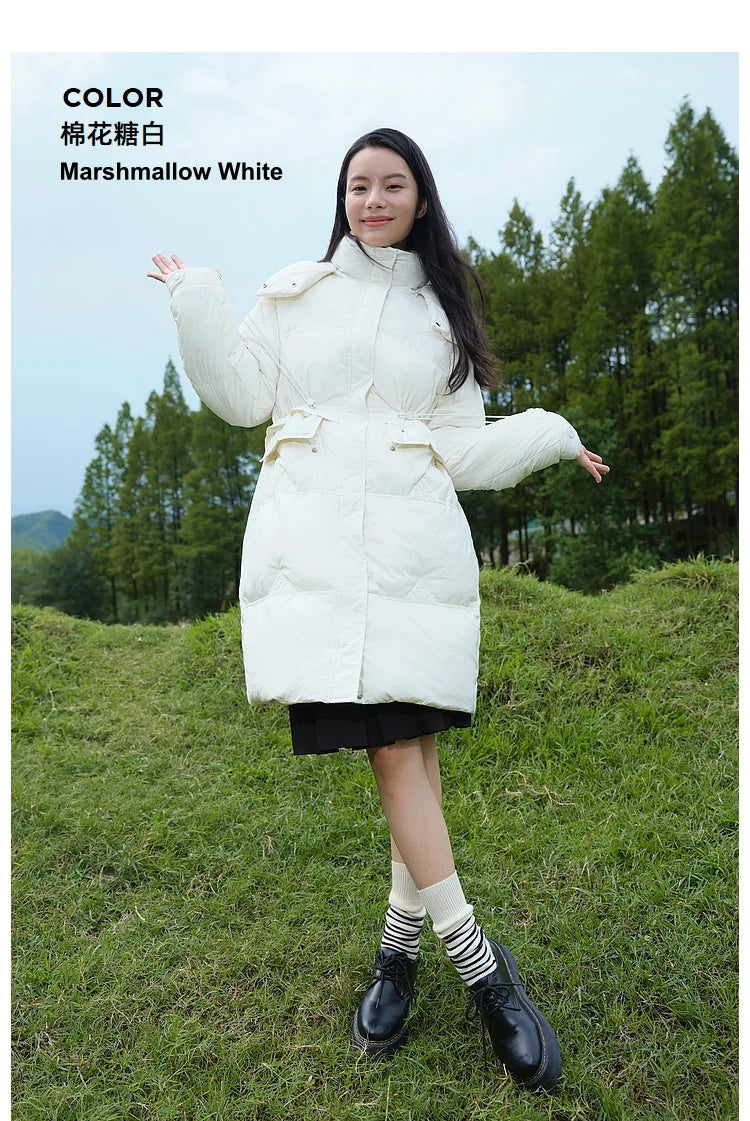 Women's Stand Collar Hooded Long Down Jacket, Waist Adjustable Belted Solid Colour, Thick Puffer Coat Fashionable Korean Style For Ladies