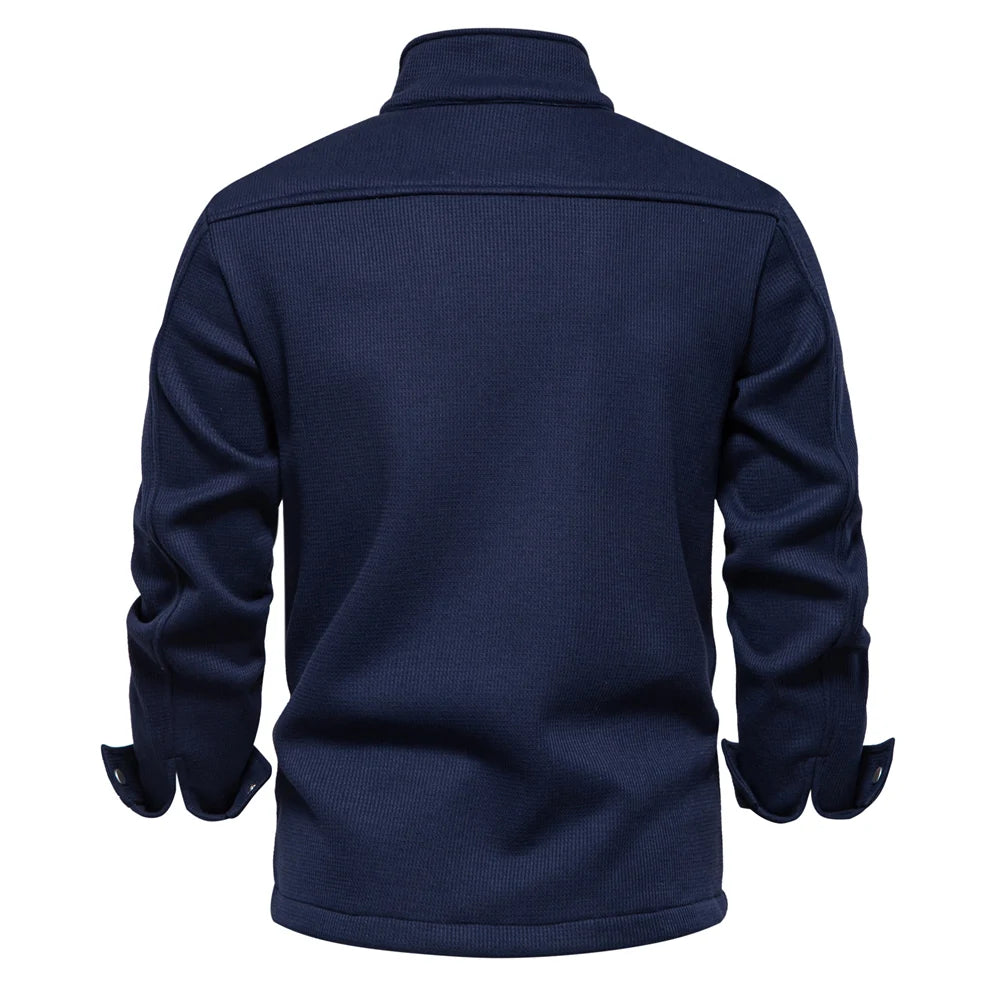 Herrenjacke mit Waffel-Fleece-Futter, dick, warm, mit Tasche, Knopfleiste, Stehkragen, Oberbekleidung, Winterjacken, Mäntel für Herren