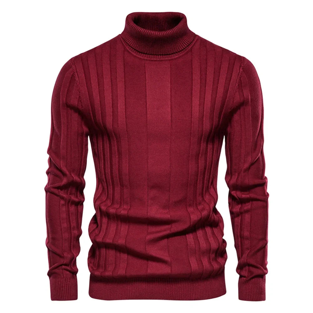 Men's Slim Fit Pullovers Turtleneck Casual Basic Solid Colour Warm Striped Sweater Male Winter Fashion Sweaters