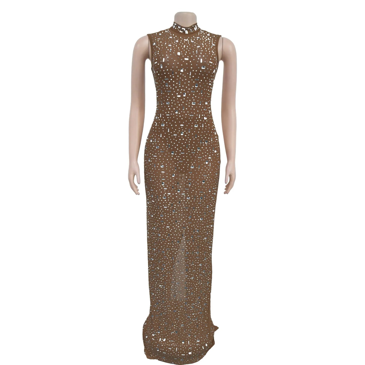Women's Sexy See Through Sheer Mesh Halter Sleeveless Rhinestone Decor Floor-length Party Dress