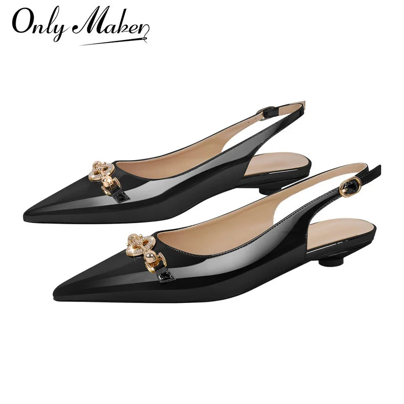 Women Pointed Toe Slingback Sandals Big Size Patent Leather Ankle Strap Party Dress Shoes