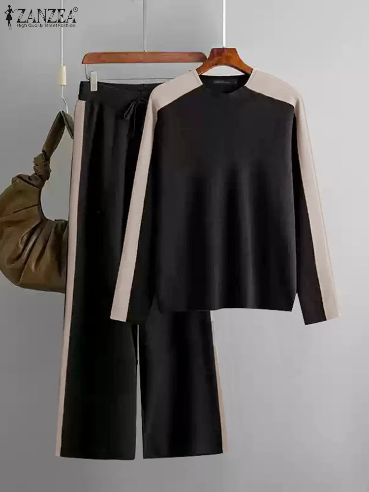 Casual Colour-Blocked Panels Women Pant Sets 2025 Spring Long Sleeve T-shirts Wide Leg Pant 2pcs Outfits Daily Tracksuits