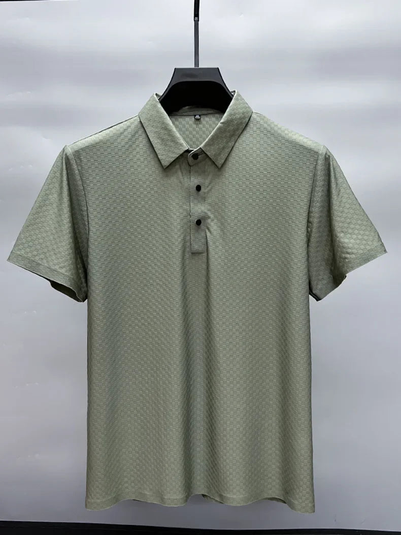 Men's Summer Luxury and Fashionable Casual Waffle Short Sleeve Polo Shirt, Lapel, Ice Silk, and High-End Breathable T-Shirt