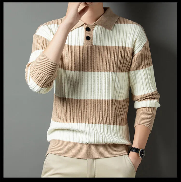 Men's Polo Shirt Luxury Pullover Sweater Fashion Thick Warm Sweater Striped Casual T-shirt, Male Top Loose Knitwear