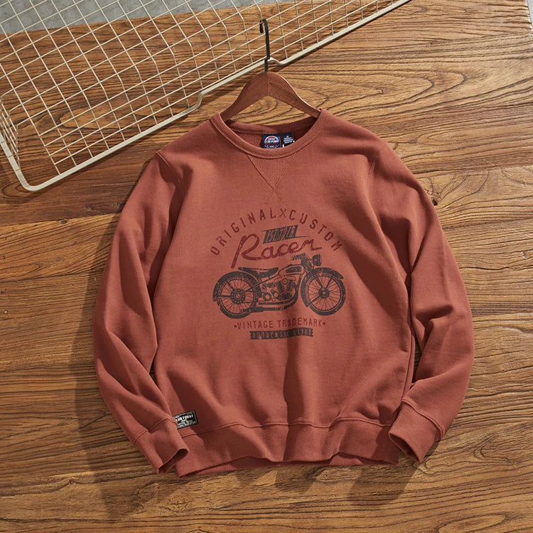 Herfst Nieuwe Amerikaanse Retro 450g Dikke Fluwelen Motorfiets Bedrukte Sweatshirts Heren Eenvoudige Gewassen Jeugd Casual Pullover Sportkleding