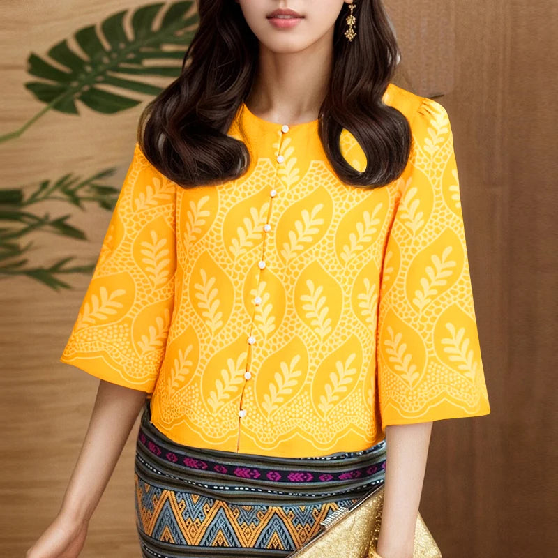 Casual Printing Shirts Women 2025 Autumn Elegant O-Neck Three Quarter Sleeve Button Up Chemises Femme Everyday Wear Tops