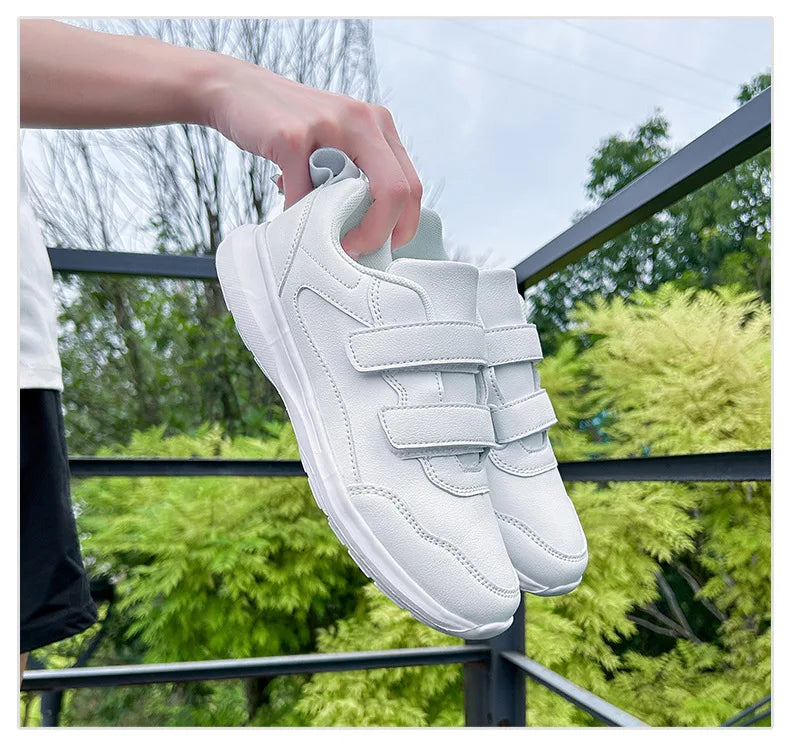 Student Sneakers Unisex White Shoes Magic Buckles Lightweight Couple Shoes for Sports School Dance Running