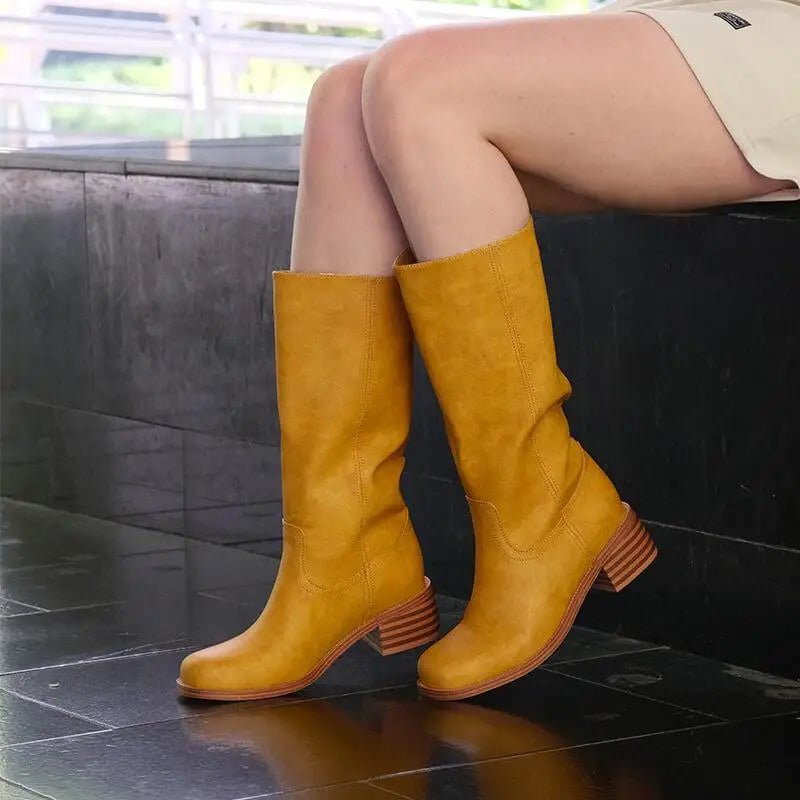 Women Round Toe Knee High Boots Low Heel Fashion Pull on Wide Calf Boots