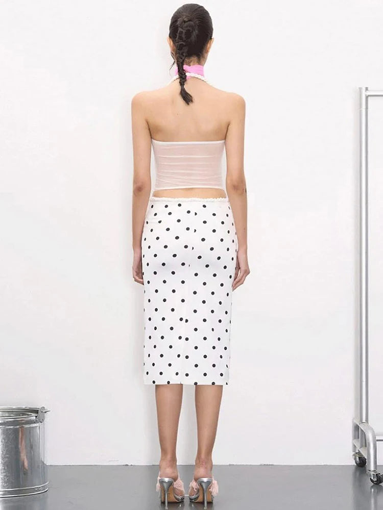 Polka Dots 2 Piece Set Women Twist Bandage Halter Hollow Camisole + Skinny Mid Skirts Street Fashion Elegant Outfits For Women
