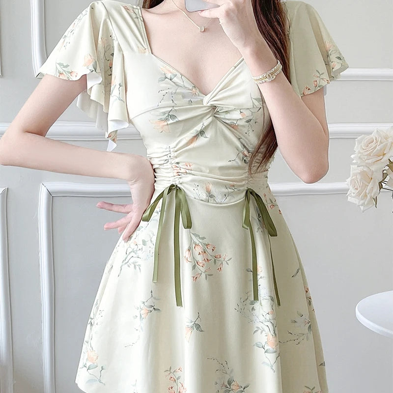 Elegant Pleated Ruffle Sleeve Swimsuit Women Fashion Printed Beach Bathing Suit Conservative Belly Covering Slimming Swimwear