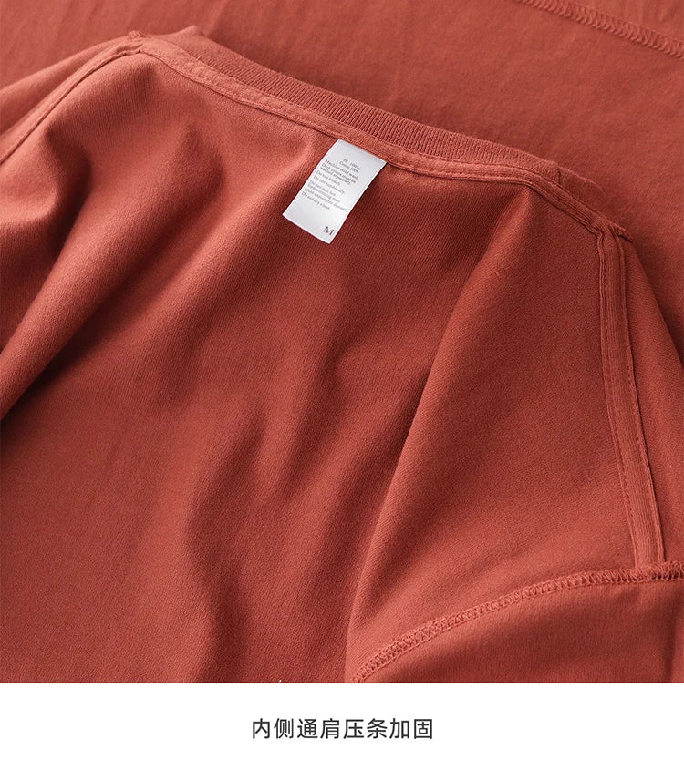 2025 Summer New American Retro 245G Short Sleeve O-neck Solid Color T-shirt Men's Fashion Simple 100% Cotton Washed Casual Tops