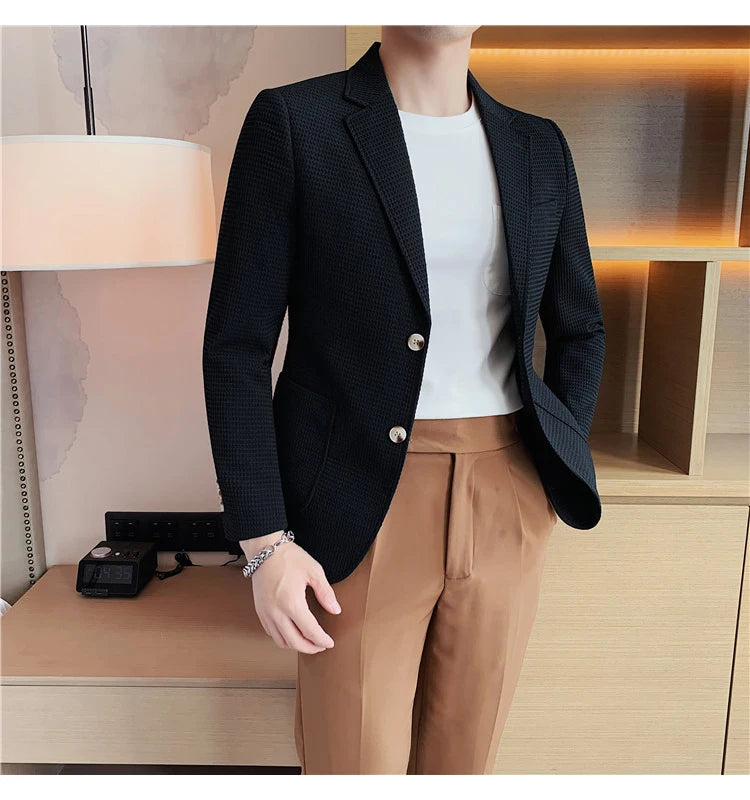Men’s Waffle Plaid Blazer Coat, Hounds-Tooth Pattern, Wool-Blend Overcoat for Autumn & Winter - Lightweight, Stretchable