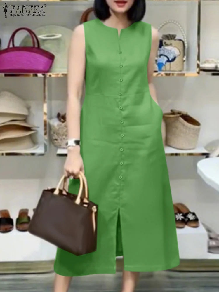 2025 Women Summer Sundress Elegant Work OL Midi Dresses V Neck Sleeveless Solid Dress Fashion Buttons Down Robe Plus Size
