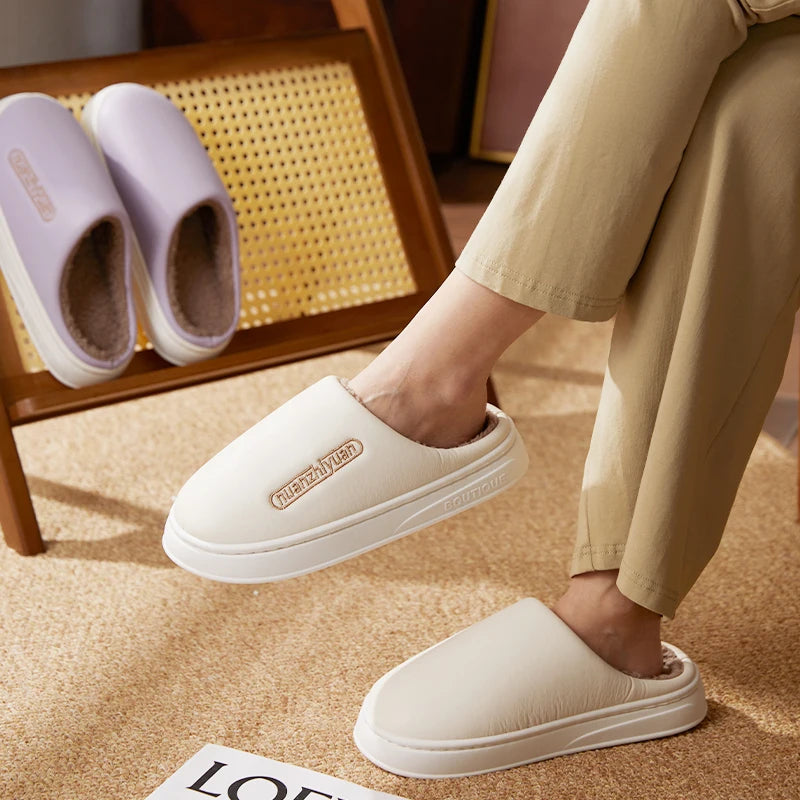 Unisex Anti-slip Waterproof Winter Cotton Slippers Women Men Home Indoor Warm House Shoes Couple Soft Flat PVC Sole Footwear