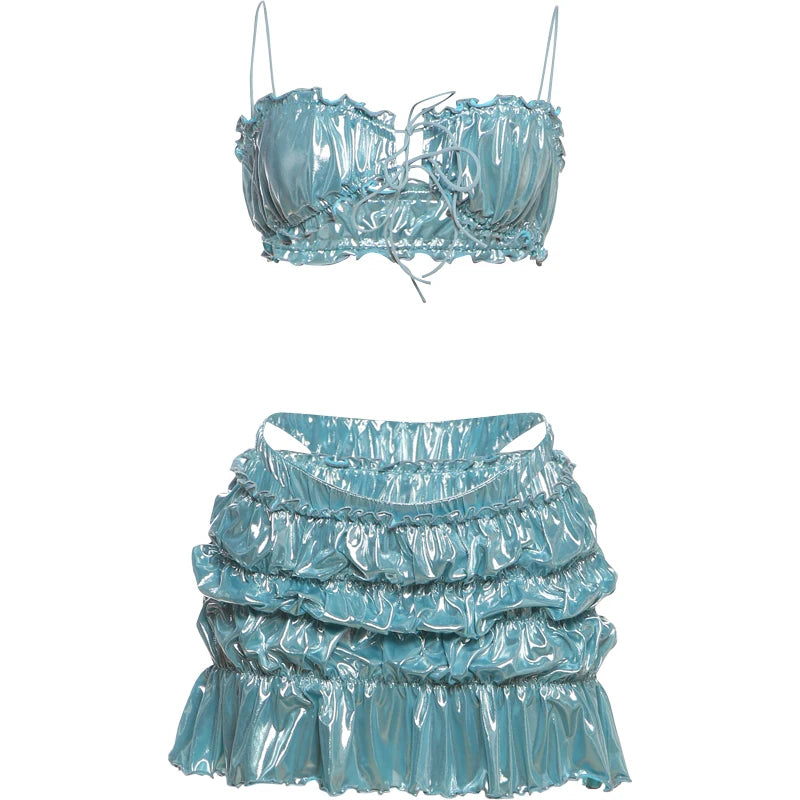 Sexy Beach Style Women 2 Piece Set Y2K Glitter Silky Strapless Bandage Camisole + Briefs + Ruched Ruffles Skirts Clubwear