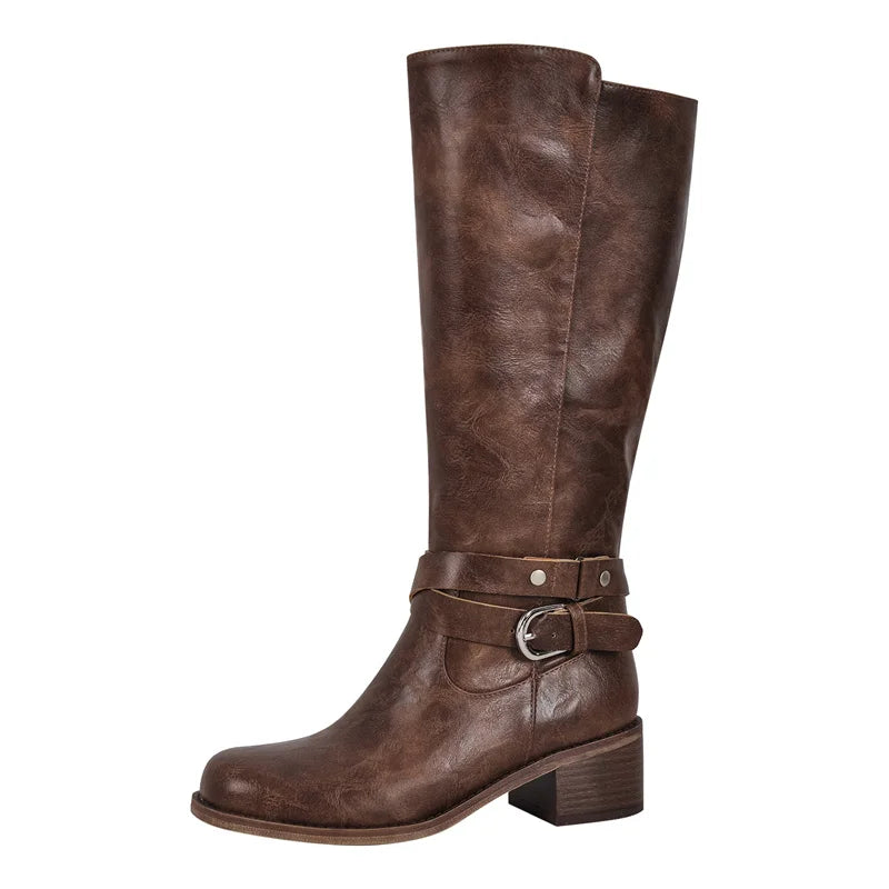 Women Knee High Boots Heeled Fashion Winter Gothic Matte Motorcycle Boots