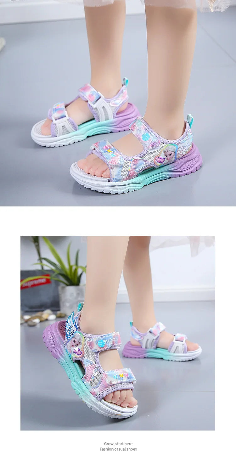 Disney Children Shoes Summer Elsa Girls Mesh Beach Sandals Fashion Frozen Princess Soft Bottom Light Peep Toe Sandals Size 26-36