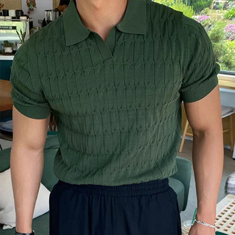 Men's Jacquard Knitted Polo, Casual V-Neck Striped T-shirt, Solid Colour Short Sleeved Lightweight Breathable Luxury Male Clothing
