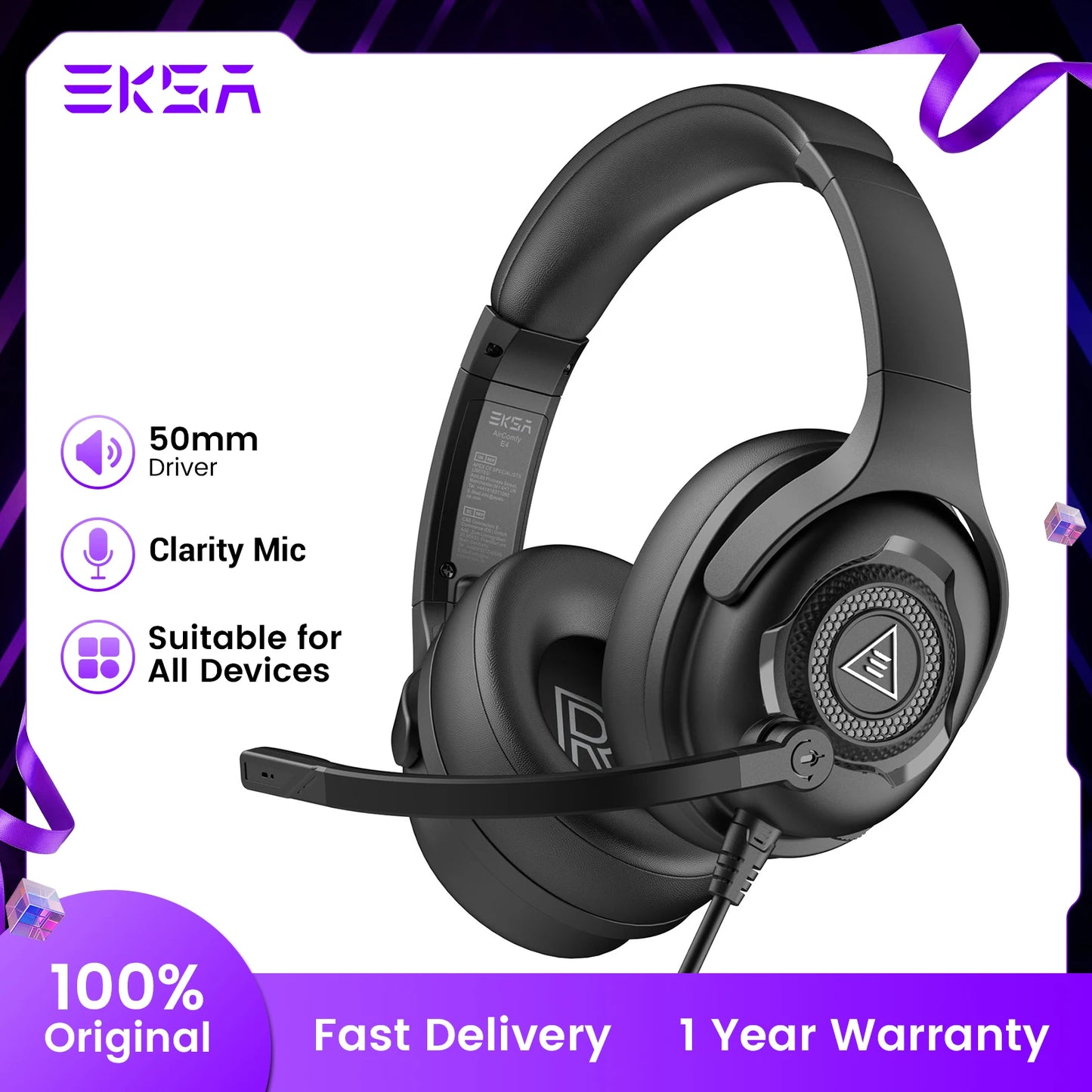 EKSA E4 Wired Headset Gamer 3.5mm Stereo Gaming Headphones with Microphone Superlight Over-ear Earphones for PC/PS4/PS5/Xbox
