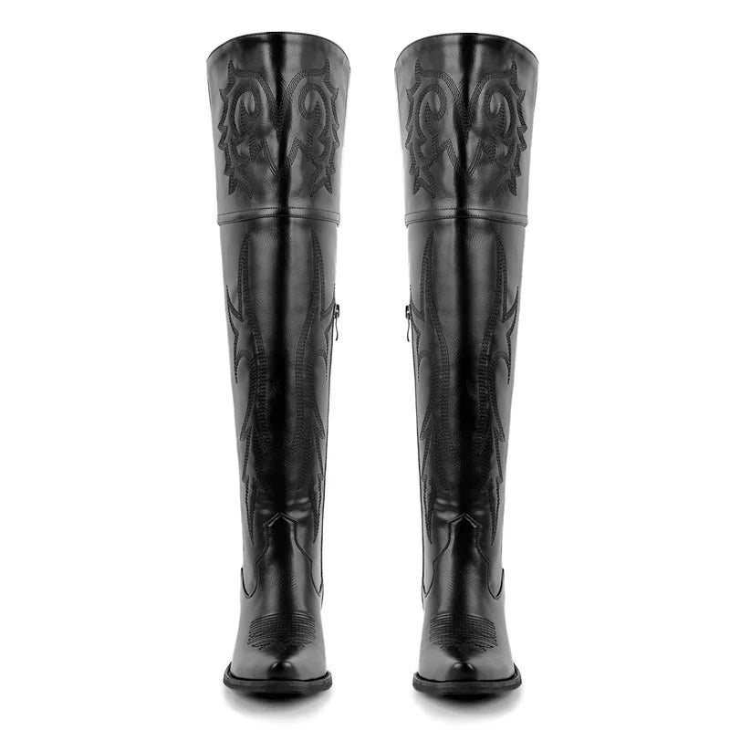 Winter Women Black Brown Knee High Boots Pointed Toe Chunky Pull On Embroidered Thick Heels Boots Zipper Large Size