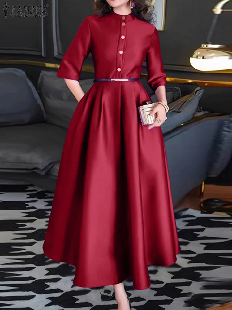 Elegant Women Party Maxi Dresses 2025 Autumn Fashion Stand Collar 3/4 Sleeve Half-Button Fitted Waist A-Line Robes Femme