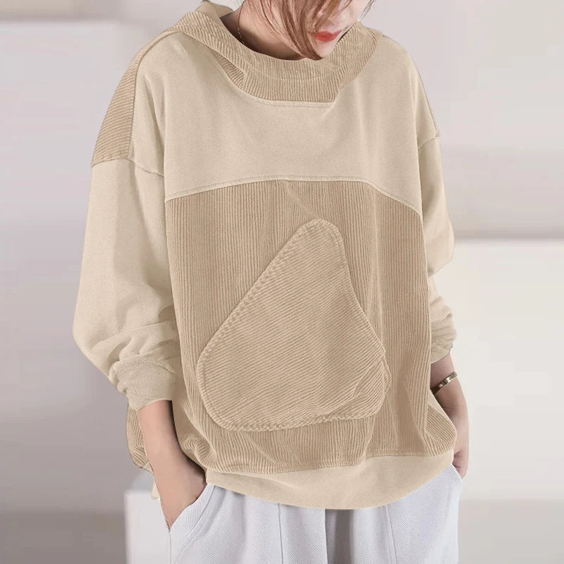 Women Patchwork Corduroy Hoodies Loose Casual Irregular Pocket Hooded Sweatshirts 2024 Fall Colour Block Long Sleeve Tops