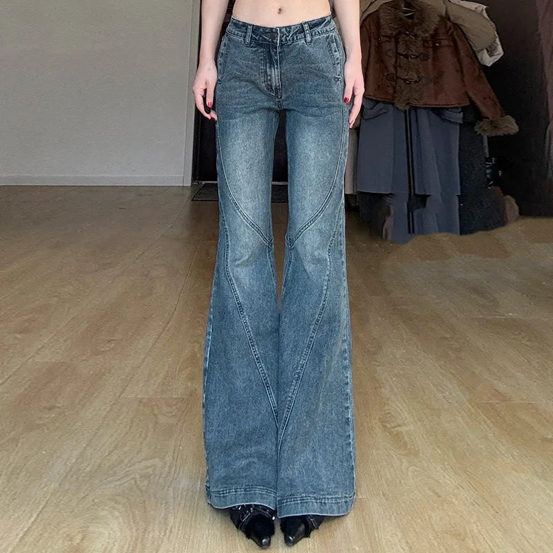 Women's Washed Denim Pants Trend Streetwear Y2K Low-Waist Flare Jeans Woman Casual All-Match Slimming Wide Leg Trousers