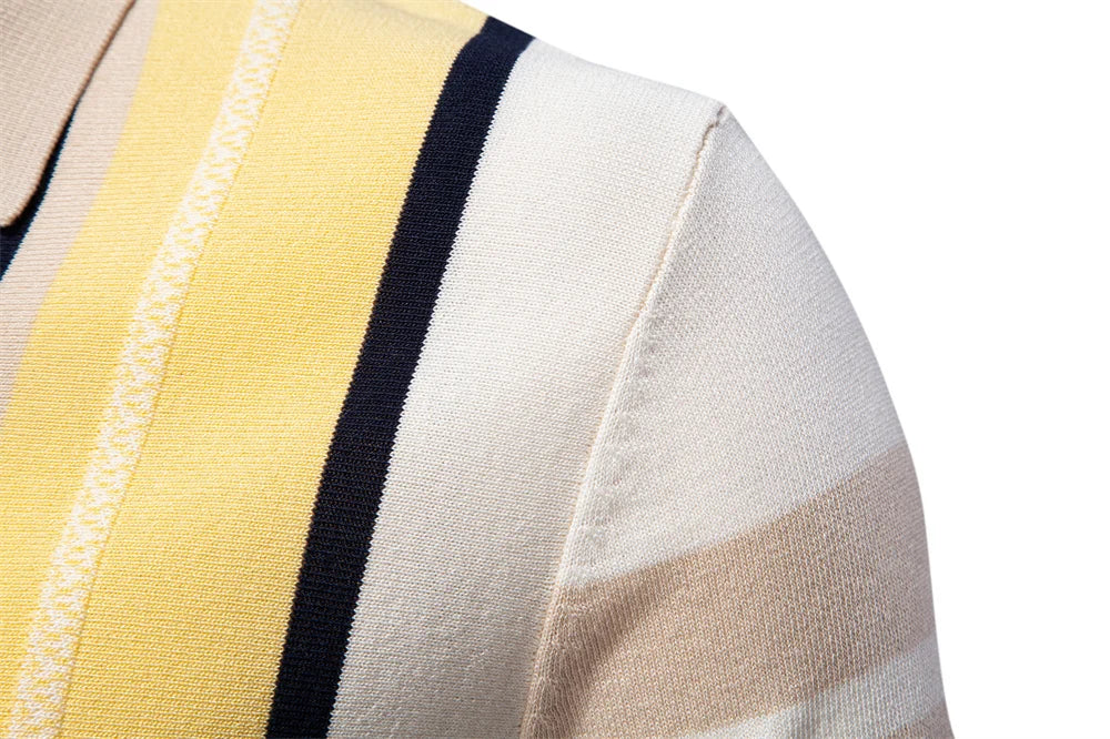 2025 Men's Breathable Striped Contrast Panel Polo Shirt - Lightweight Summer Casual Knit Top with Mesh Inserts