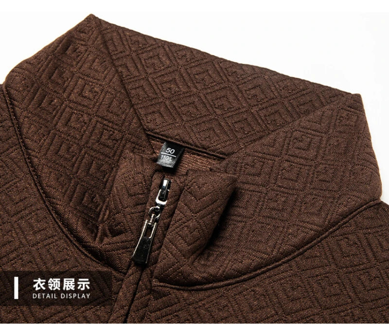 Men's Zipper Stand-Up Collar Long Sleeve T-shirt, Autumn & Winter Fashion Brand Loose Pullover With Advanced Geometric Jacquard Fabric