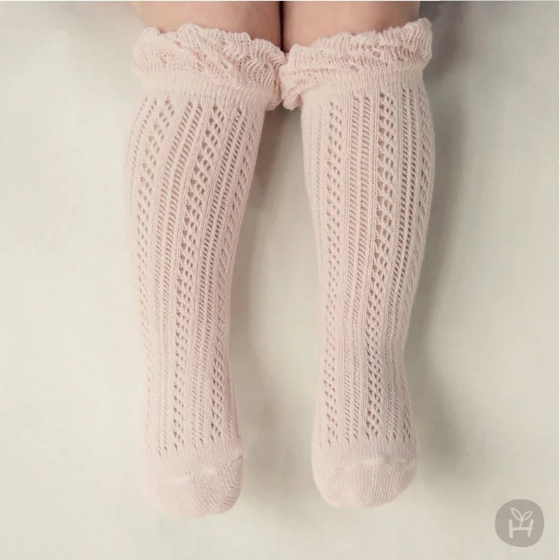 Baby Girl Knitted Mesh Socks Knee High Tube Toddler Girls Solid Socks Summer Thin Cotton Infant Kids Long Tube Socking 0-2 Years