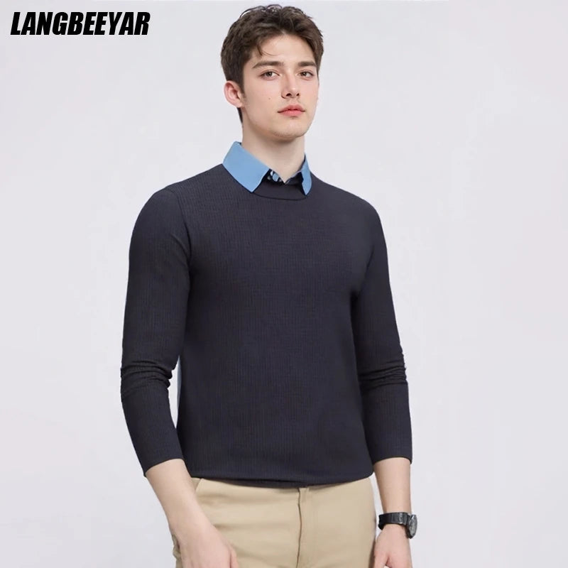 Men's Top Grade Fake Two Collared Fashion, Designer Knitted Pullover Sweater, Casual Brand Slim Fit Male Jumpers