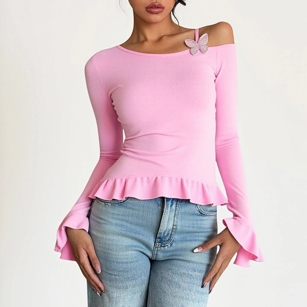 Women's T-Shirts Autumn Chic Youthful Dating Plain Flounce Spaghetti Strap Ruffle Sleeve One-Shoulder Casual T-Shirts