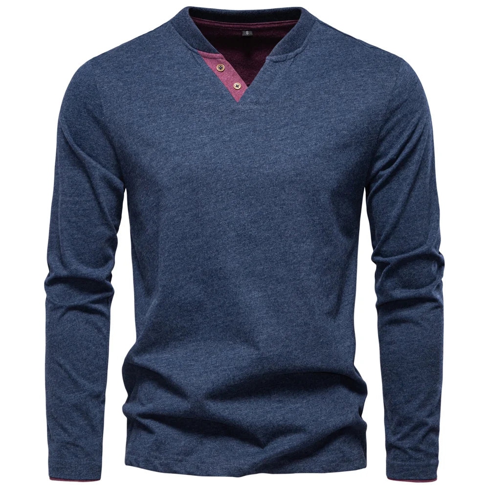 Men's Henley Collar Casual T-Shirt Solid Colour Long Sleeve Autumn Fashion High Quality 100% Cotton Male T-Shirts