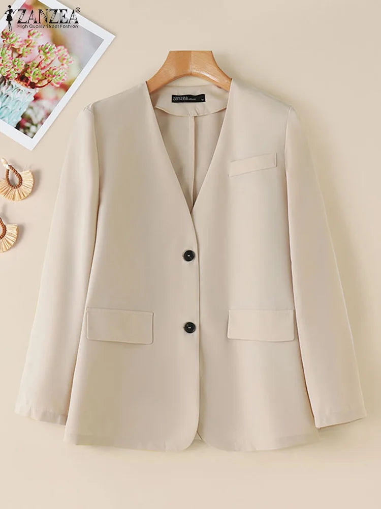 Elegant Solid Suit Jackets Long Sleeve Button Up Autumn 2024 V Neck Outwear Tops Office Lady Women Commute Fashion Blazer