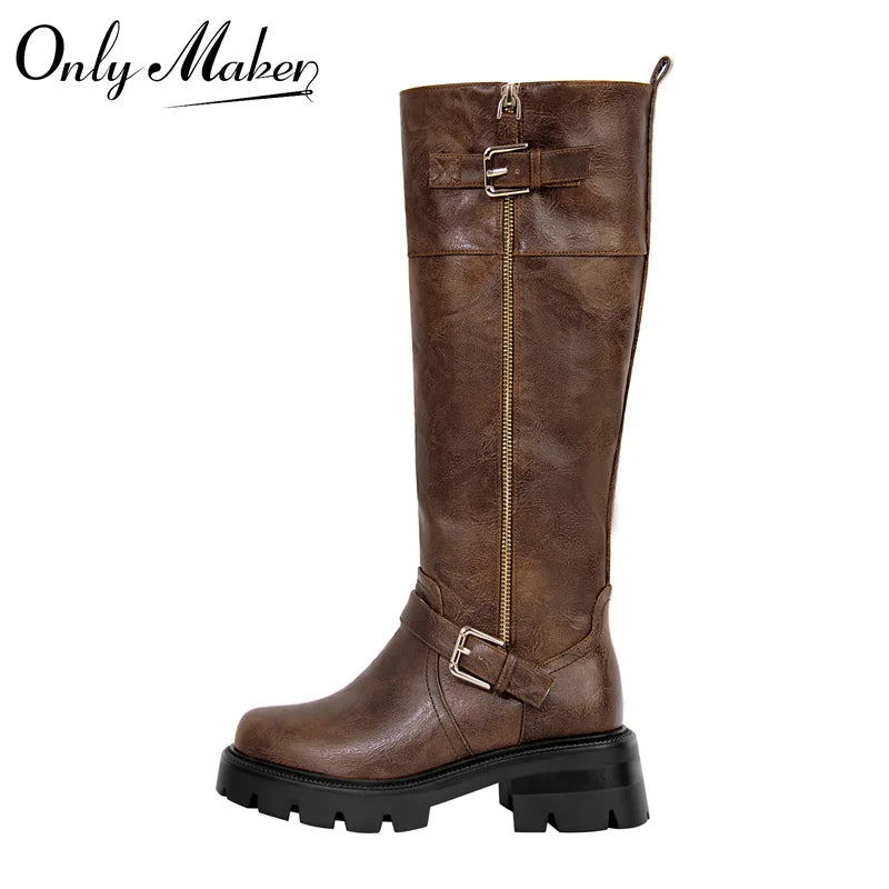Women Buckle Gothic Black Knee High Boots Heeled Metal Side Zipper Fashion Matte Modern Winnter Boots