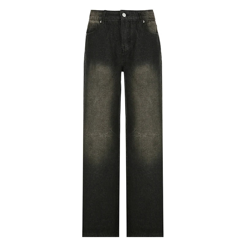Women's American Vintage Loose Black Jeans Streetwear High Waist Straight Wide Leg Pants Casual Simple All-match Denim Pants