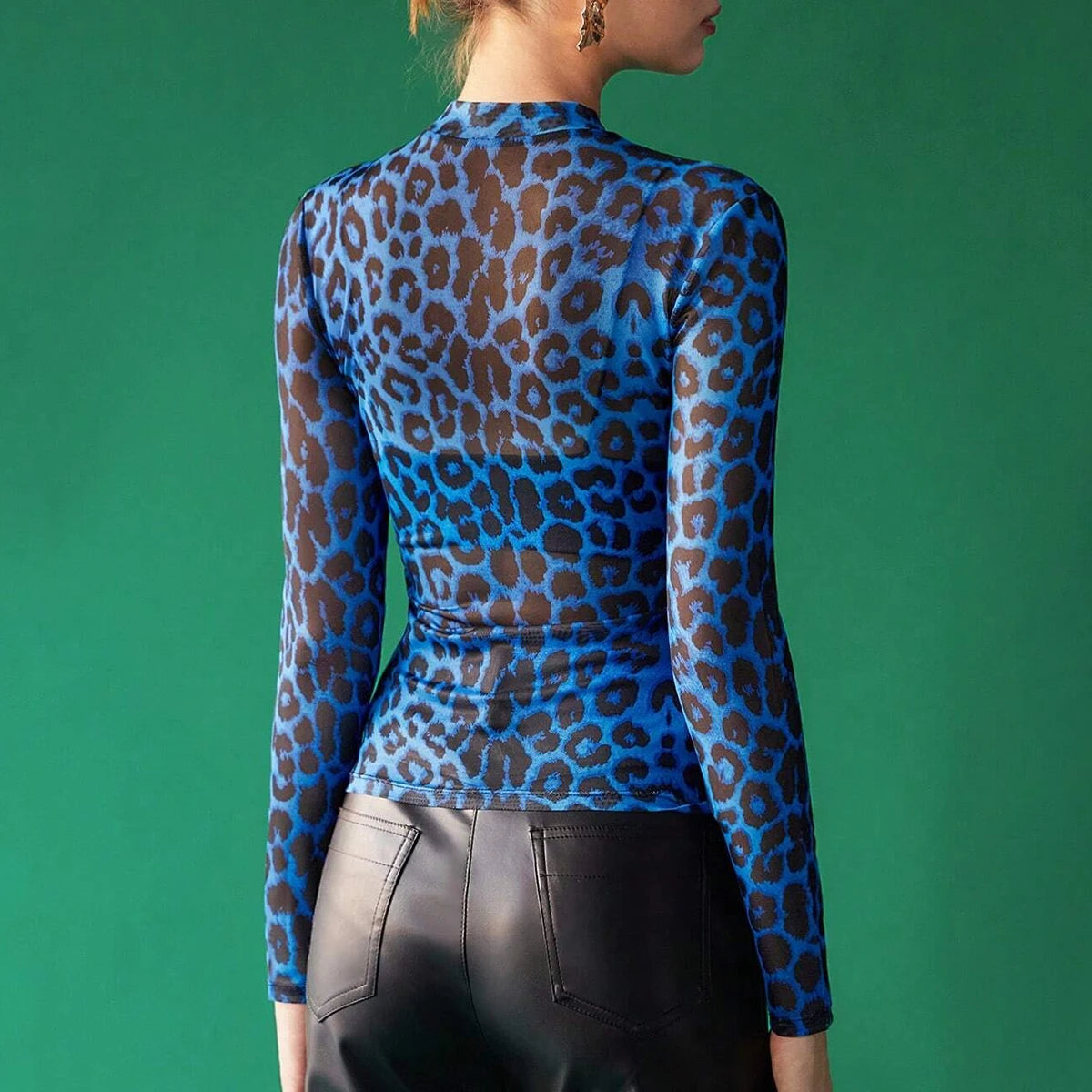 Women's T-Shirts Autumn Daily Basic Leopard Mesh Long Sleeve Crew Neck Fashion High Street T-Shirts
