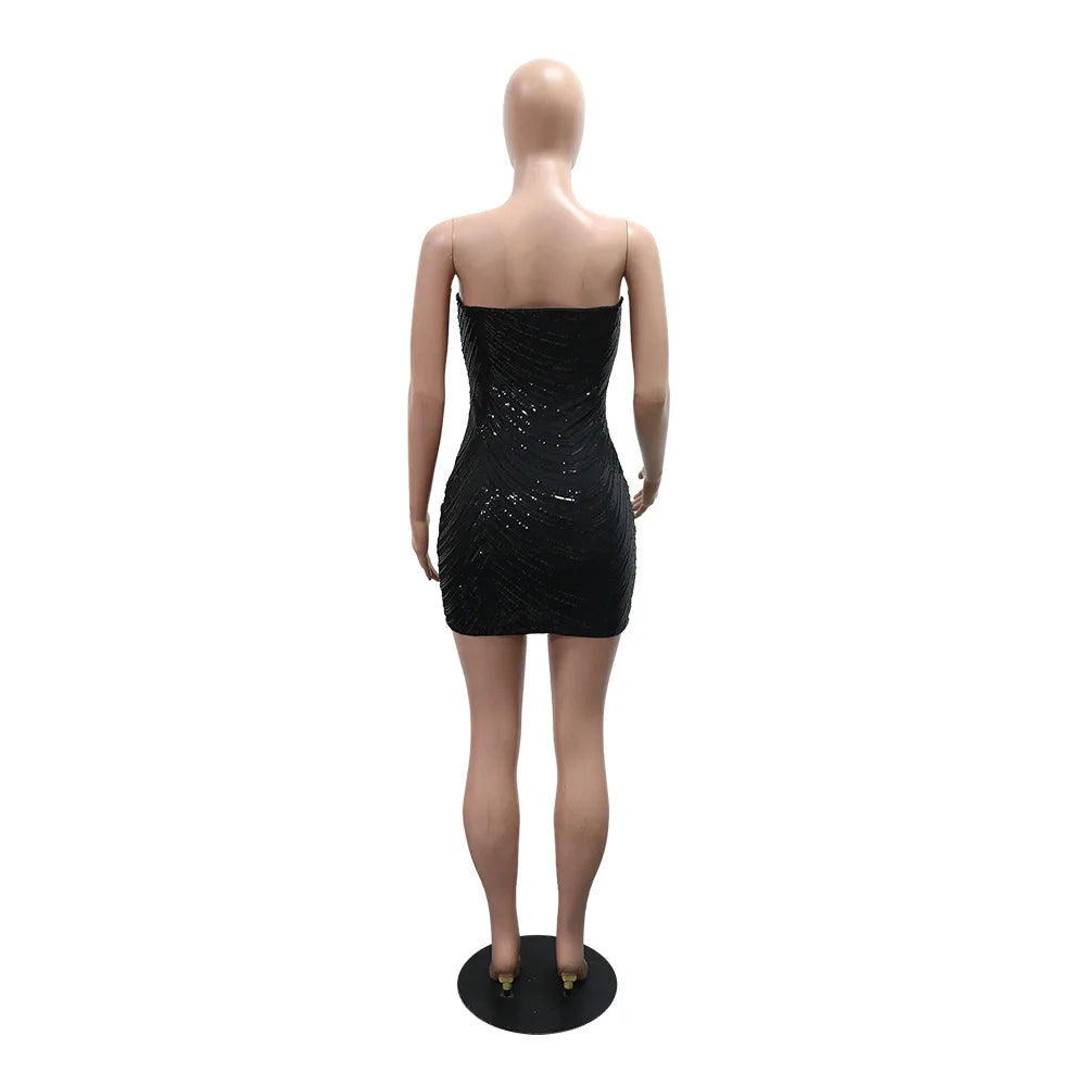 Women's Sexy Solid Color Sequin Decor Sleeveless Backless Bandeau Party Dress