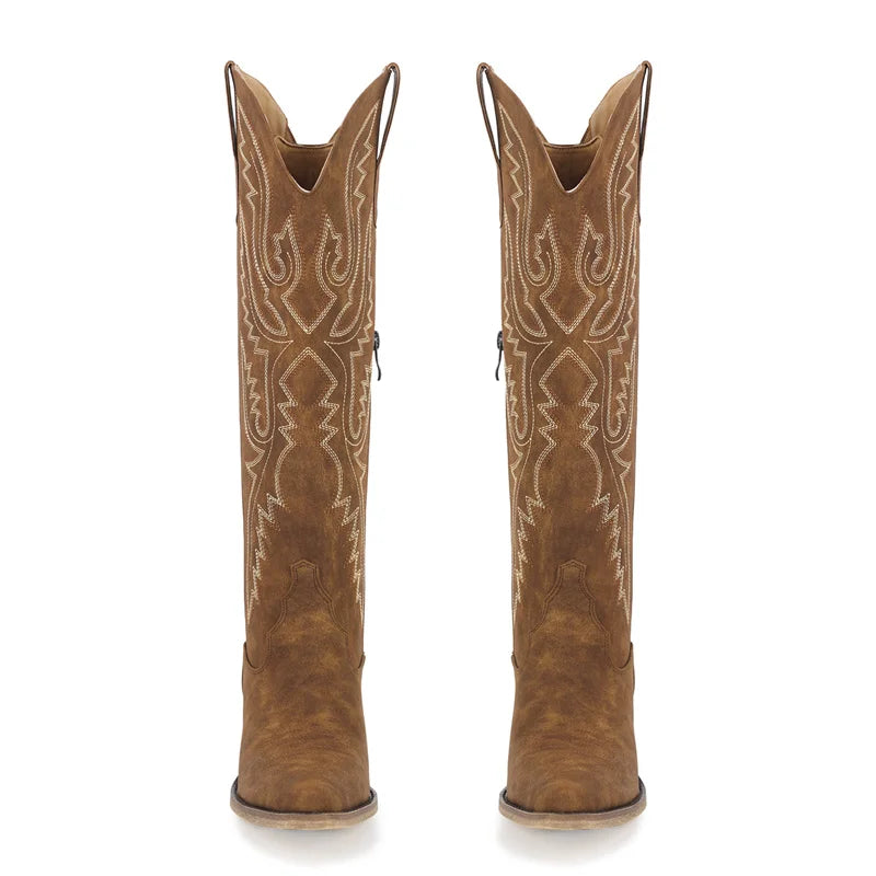 Women Pointed Toe Side Zipper Embroidered Western Cowboy Boots Block Heel Cowgirl Booties