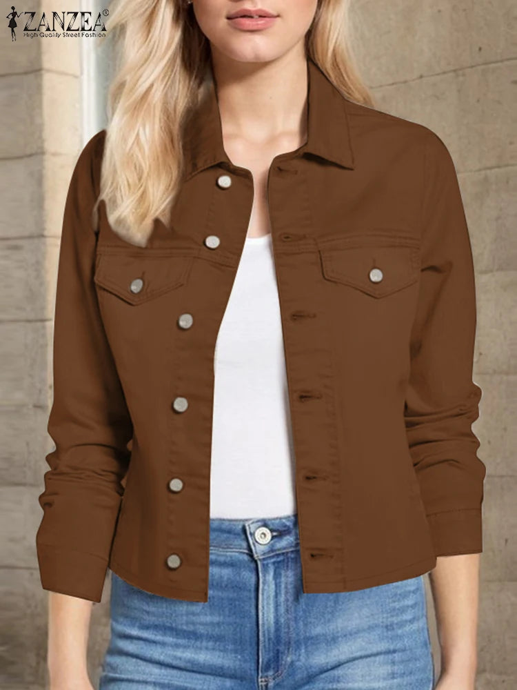 Women Daily Outerwear Long Sleeve Work Wear Casual Solid Colour Coats Button Up 2025 Spring Turn-down Collar Thin Jackets