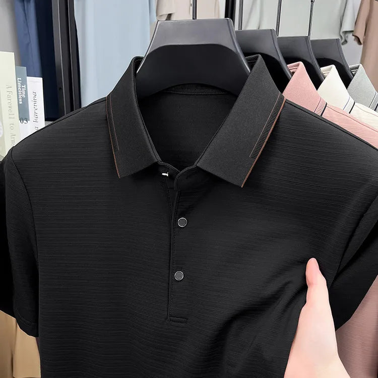 Men's Short-Sleeved T-Shirt, Subtle Striped Texture, Classic Collar Design With Button Details - Soft and Breathable Fabric Polo