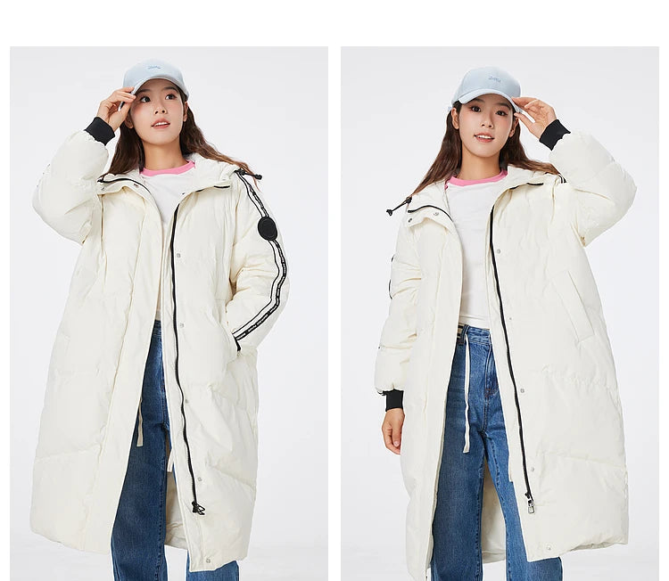 Women's Long Puffer Coat With Striped Webbing, Oversized Straight-Cut Sporty Style, Duck Down Thick Warm Jacket