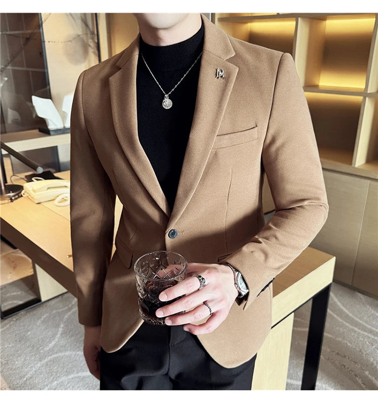 Men's Thickened High-Quality Daily Work Formal Single-Breasted Woollen Coat with Dark Stripe for Autumn and Winter Size S-4XL