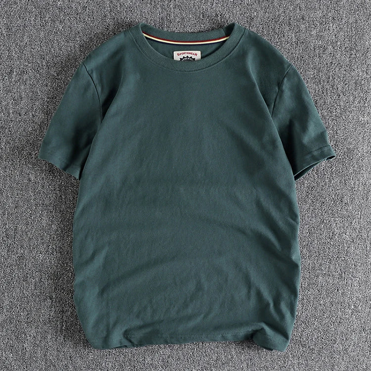 Summer New American Retro Short-sleeved O-neck Solid Color T-shirt Men's Fashion Simple 100% Cotton Washed Casual Sport Tops