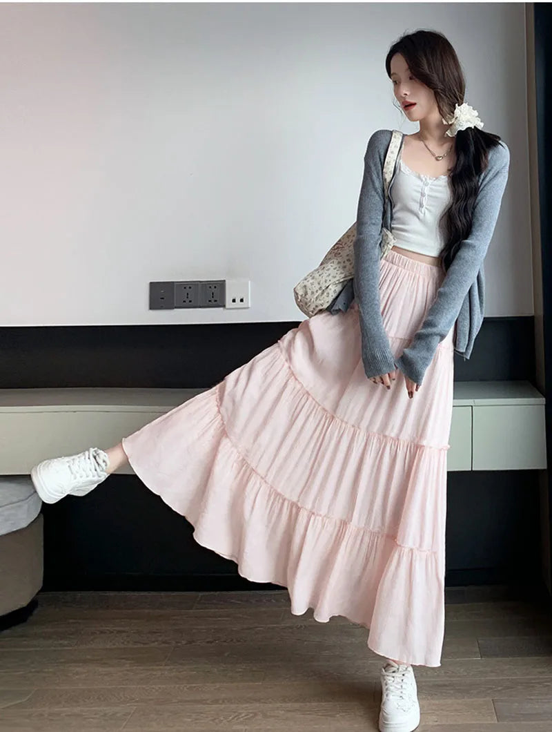 Spring Summer Women Long Skirts Fashion High Waist Elastic Patchwork A-Line Skirt Casual All-Match White Cake Maxi Skirts Female